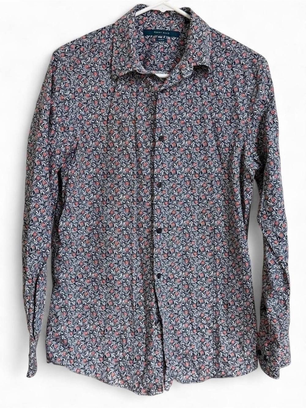 Perry Ellis Men's Long-Sleeve Floral Button-Down in Navy and Coral